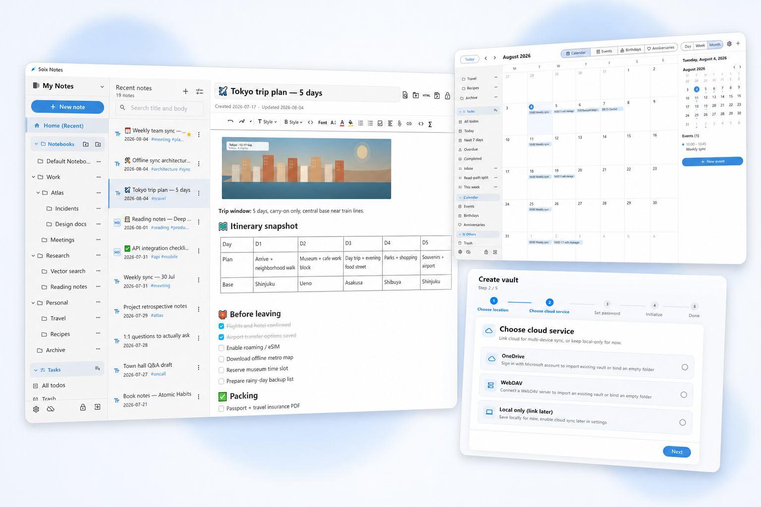 Soix Notes showing notes, tasks, and calendar side by side